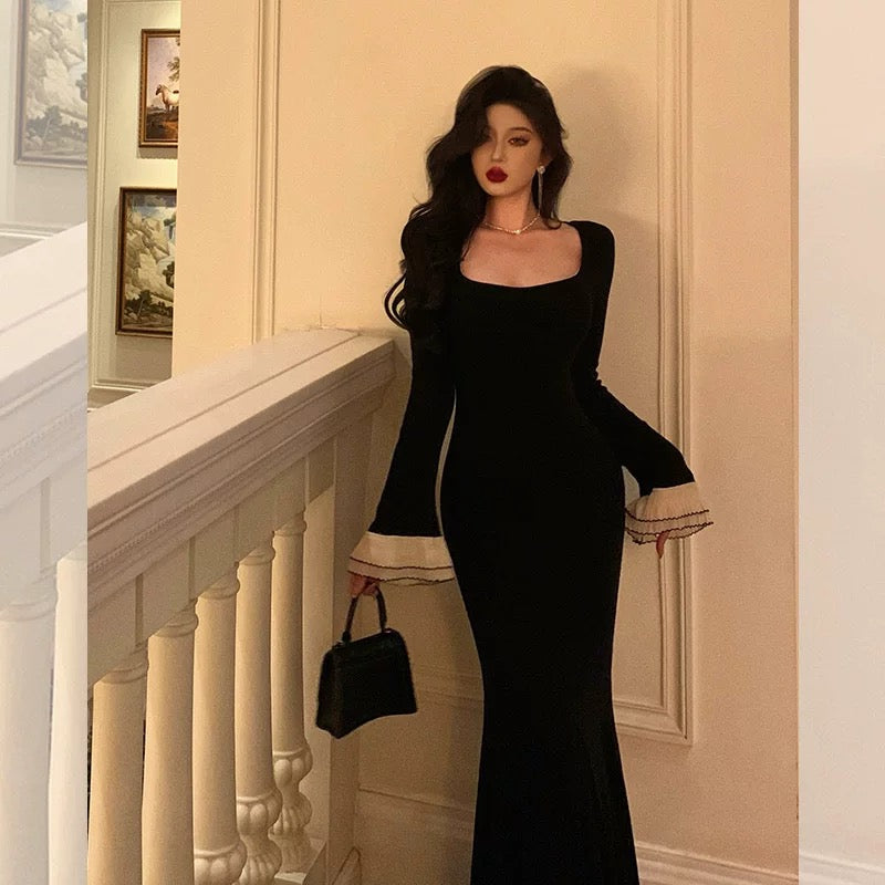 Pretty Mermaid Square Neckline Black Prom Dresses Birthday Outfits Evening Gown