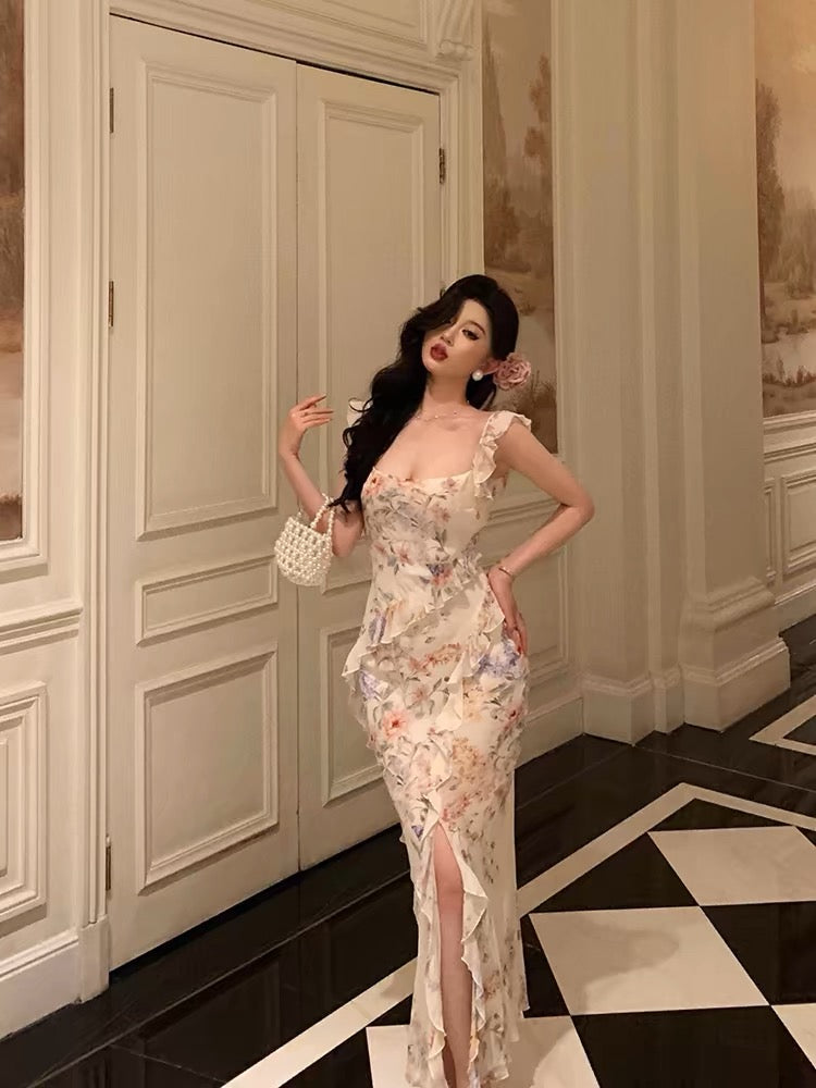 Pretty Sheath Straps Floral Chiffon Long Prom Dresses Birthday Outfits Evening Gown