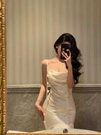 Classy Mermaid Spaghetti Straps White Floral Satin Prom Dresses Birthday Outfits Evening Gown