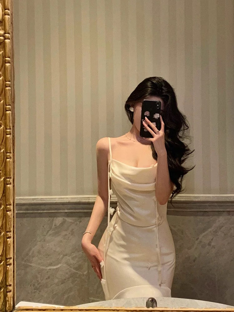 Classy Mermaid Spaghetti Straps White Floral Satin Prom Dresses Birthday Outfits Evening Gown