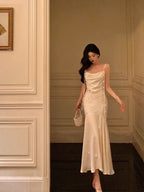 Classy Mermaid Spaghetti Straps White Floral Satin Prom Dresses Birthday Outfits Evening Gown