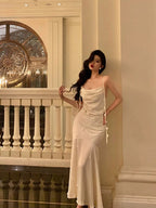 Classy Mermaid Spaghetti Straps White Floral Satin Prom Dresses Birthday Outfits Evening Gown