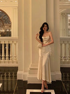 Classy Mermaid Spaghetti Straps White Floral Satin Prom Dresses Birthday Outfits Evening Gown