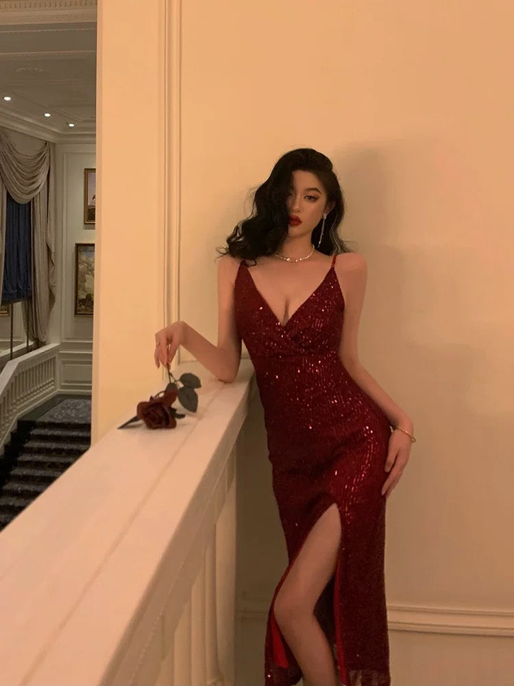 Classy Sheath Spaghetti Straps Red Sequin Prom Dresses Birthday Outfits Evening Gown