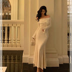 Classy Mermaid Off The Shoulder White Ruffles Long Sleeves Prom Dresses Birthday Outfits Evening Gown