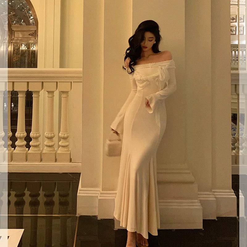 Classy Mermaid Off The Shoulder White Ruffles Long Sleeves Prom Dresses Birthday Outfits Evening Gown
