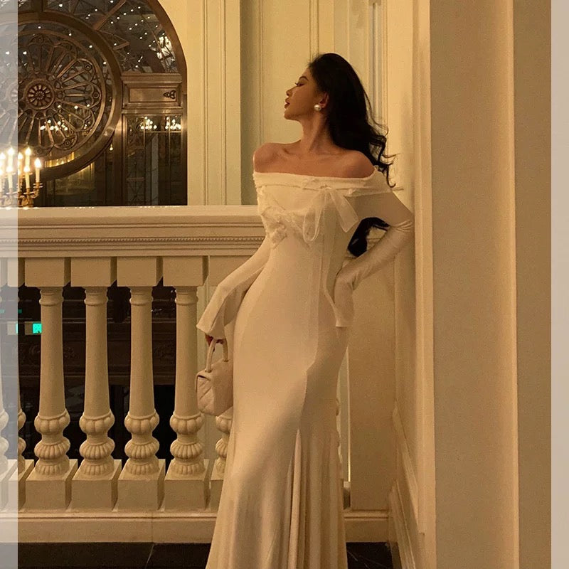 Classy Mermaid Off The Shoulder White Ruffles Long Sleeves Prom Dresses Birthday Outfits Evening Gown
