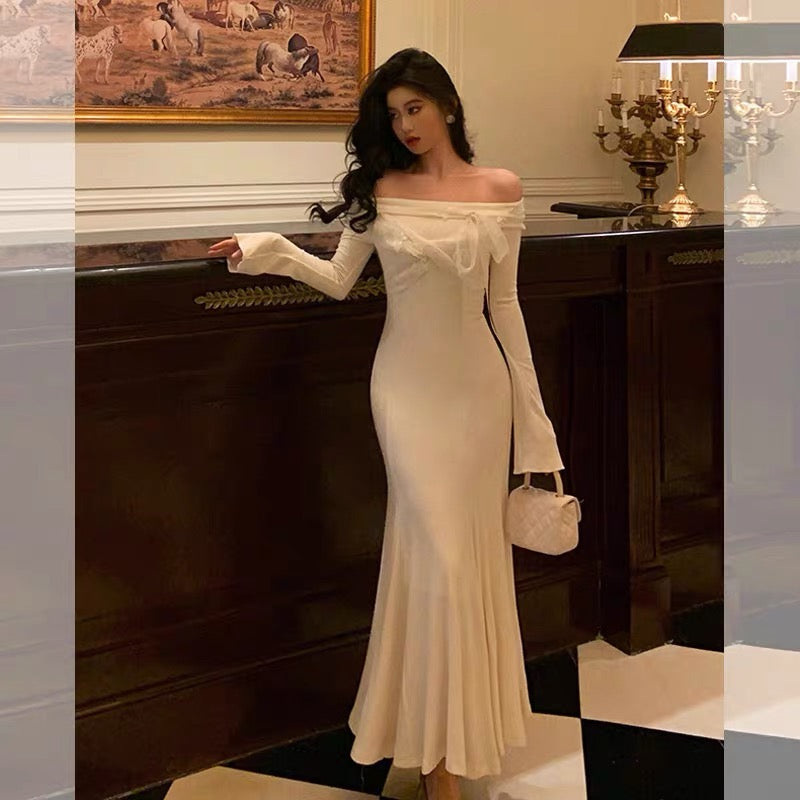 Classy Mermaid Off The Shoulder White Ruffles Long Sleeves Prom Dresses Birthday Outfits Evening Gown