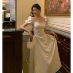 Classy French A line Short Sleeves Ivory Satin Prom Dresses Birthday Outfits Evening Gown
