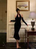 Classy Mermaid Halter Neckline Ruffles Black Velvet Prom Dresses Birthday Outfits Evening Gown