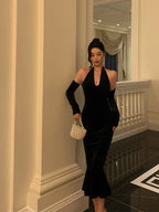 Classy Mermaid Halter Neckline Ruffles Black Velvet Prom Dresses Birthday Outfits Evening Gown