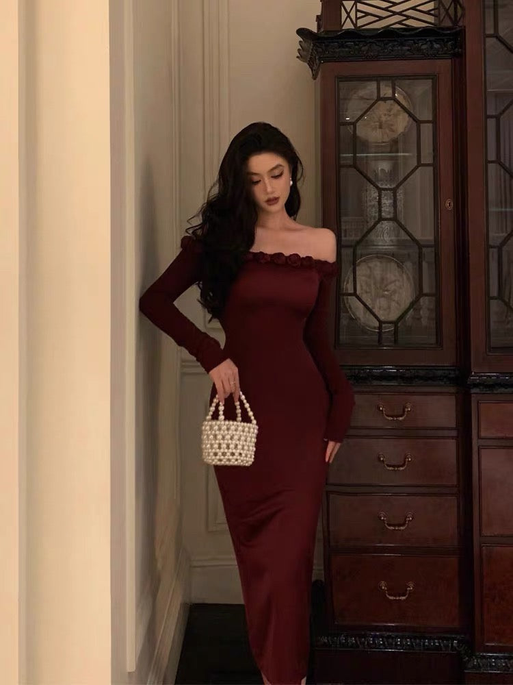 Classy Sheath Off The Shoulder Burgundy Long Sleeves Prom Dresses Birthday Outfits Evening Gown