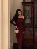 Classy Sheath Off The Shoulder Burgundy Long Sleeves Prom Dresses Birthday Outfits Evening Gown