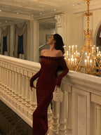 Classy Sheath Off The Shoulder Burgundy Long Sleeves Prom Dresses Birthday Outfits Evening Gown