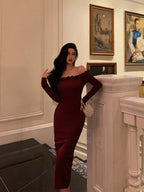 Classy Sheath Off The Shoulder Burgundy Long Sleeves Prom Dresses Birthday Outfits Evening Gown