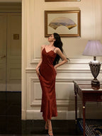 Classy Sheath Spaghetti Straps Red Lace Prom Dresses Birthday Outfits Evening Gown