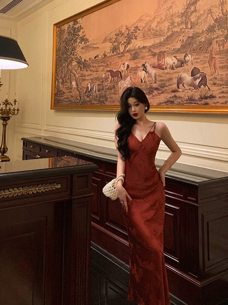 Classy Sheath Spaghetti Straps Red Lace Prom Dresses Birthday Outfits Evening Gown