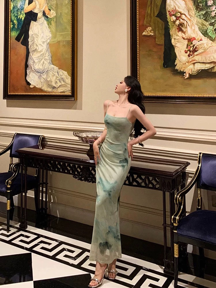 Classy Sheath Spaghetti Straps Mint Green Floral Prom Dresses Birthday Outfits Evening Gown