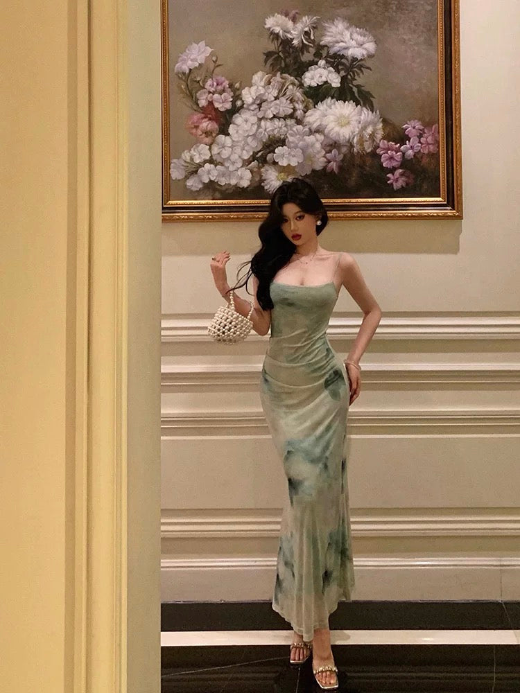 Classy Sheath Spaghetti Straps Mint Green Floral Prom Dresses Birthday Outfits Evening Gown