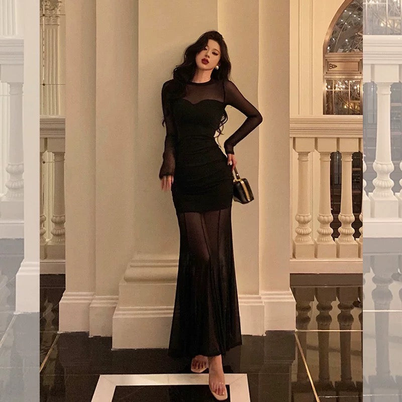 Sexy Sheath Scoop Long Sleeves Black Prom Dresses Birthday Outfits Evening Gown