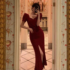 Classy Sheath Sweetheart Neckline Short Sleeves Red Prom Dresses Birthday Outfits Evening Gown