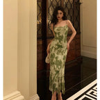 Elegant Sheath Spaghetti Straps Floral Green Prom Dresses Birthday Outfits Evening Gown
