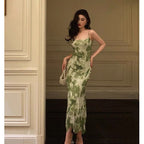 Elegant Sheath Spaghetti Straps Floral Green Prom Dresses Birthday Outfits Evening Gown