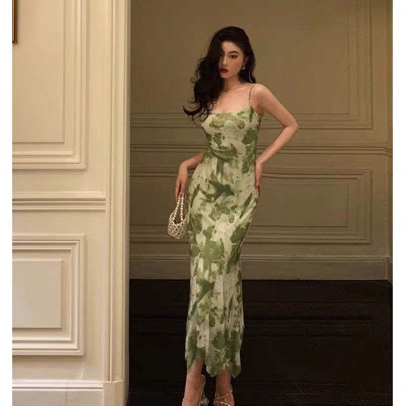Elegant Sheath Spaghetti Straps Floral Green Prom Dresses Birthday Outfits Evening Gown