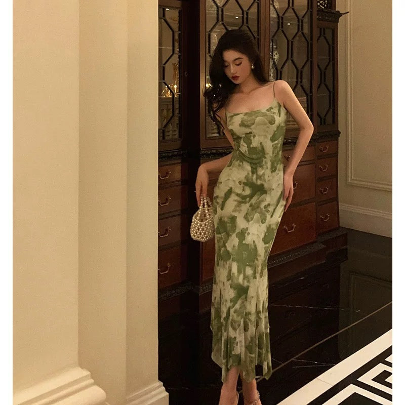 Elegant Sheath Spaghetti Straps Floral Green Prom Dresses Birthday Outfits Evening Gown