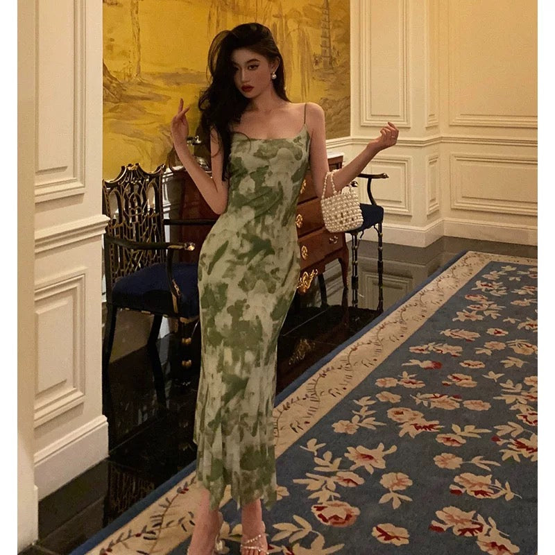 Elegant Sheath Spaghetti Straps Floral Green Prom Dresses Birthday Outfits Evening Gown