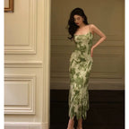 Elegant Sheath Spaghetti Straps Floral Green Prom Dresses Birthday Outfits Evening Gown