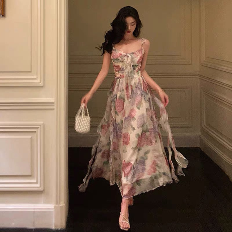 Elegant A line Spaghetti Straps Pink Floral Prom Dresses Birthday Outfits Evening Gown