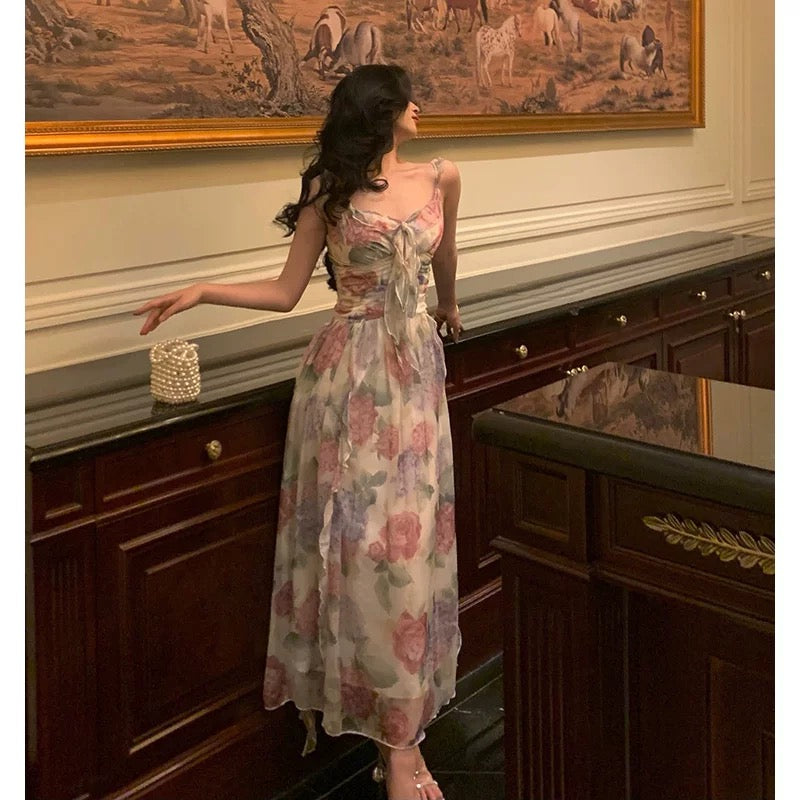 Elegant A line Spaghetti Straps Pink Floral Prom Dresses Birthday Outfits Evening Gown