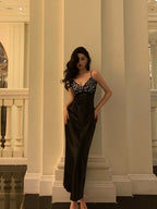 Elegant Sheath Spaghetti Straps Black Satin Prom Dresses Birthday Outfits Evening Gown