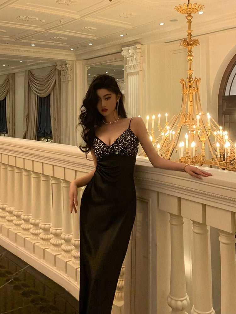 Elegant Sheath Spaghetti Straps Black Satin Prom Dresses Birthday Outfits Evening Gown