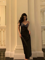 Elegant Sheath Spaghetti Straps Black Satin Prom Dresses Birthday Outfits Evening Gown