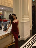 Elegant Sheath Spaghetti Straps Red Velvet Prom Dresses Birthday Outfits Evening Gown