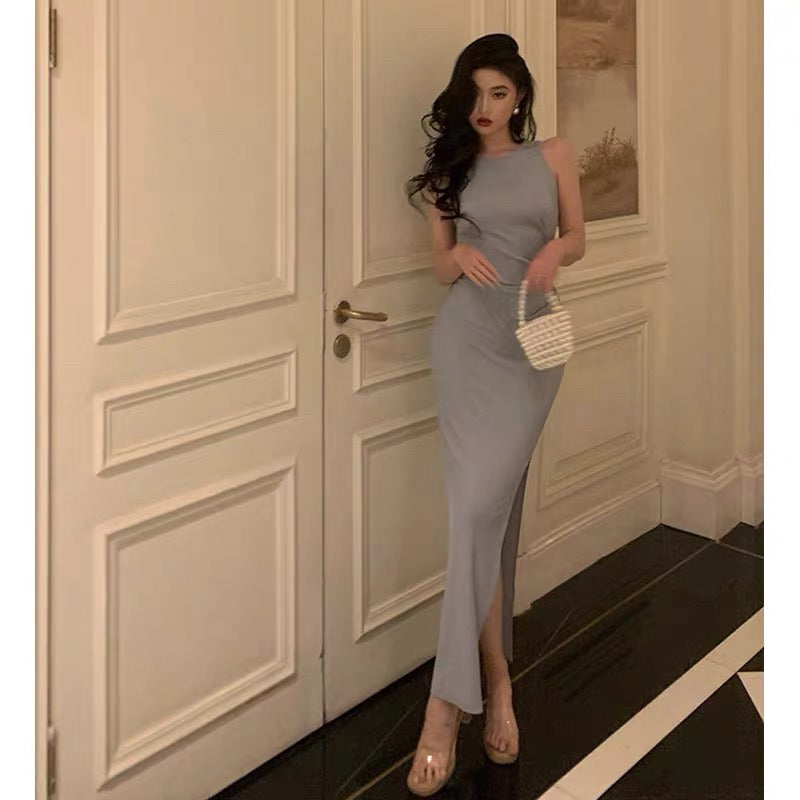 Elegant Sheath Scoop Neckline Dusty Blue Slit Prom Dresses Birthday Outfits Evening Gown
