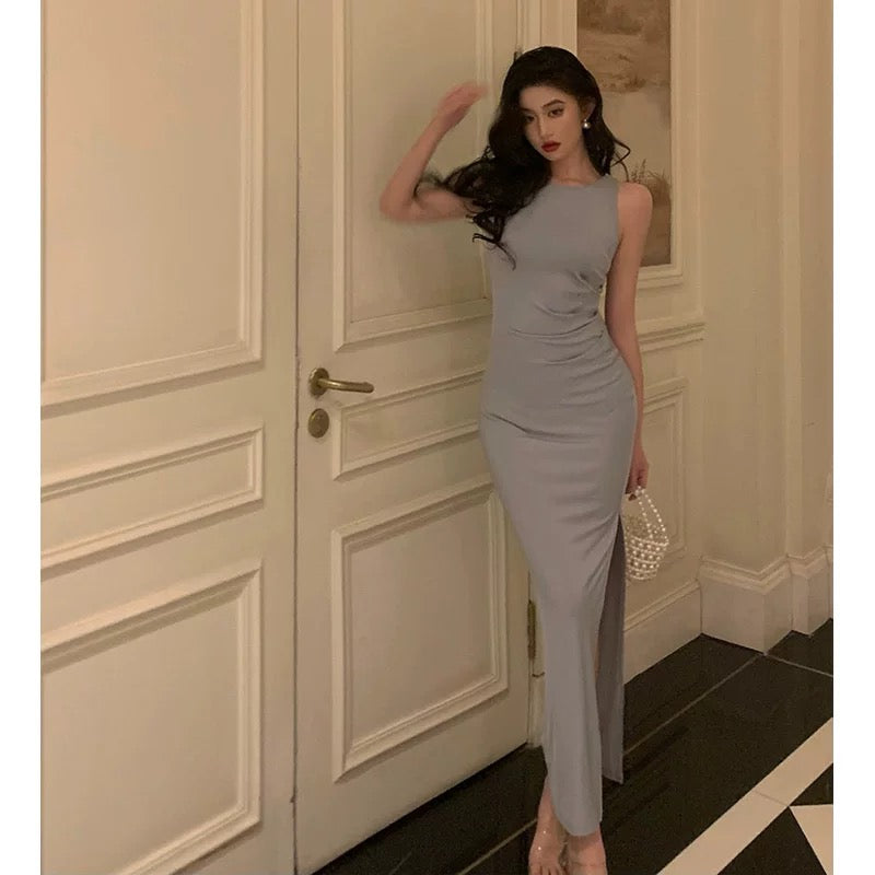 Elegant Sheath Scoop Neckline Dusty Blue Slit Prom Dresses Birthday Outfits Evening Gown