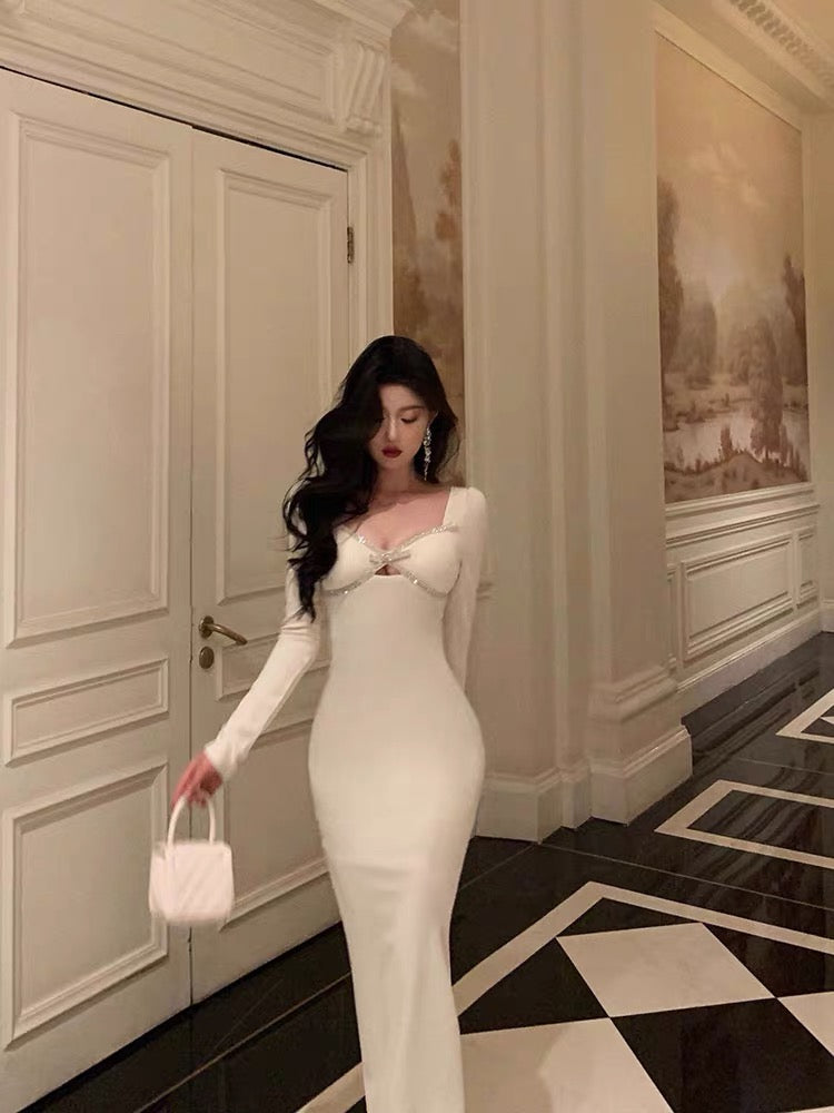 Sexy Sheath Strapless White Long Sleeves Prom Dresses Birthday Outfits Evening Gown