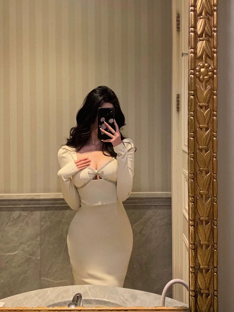 Sexy Sheath Strapless White Long Sleeves Prom Dresses Birthday Outfits Evening Gown