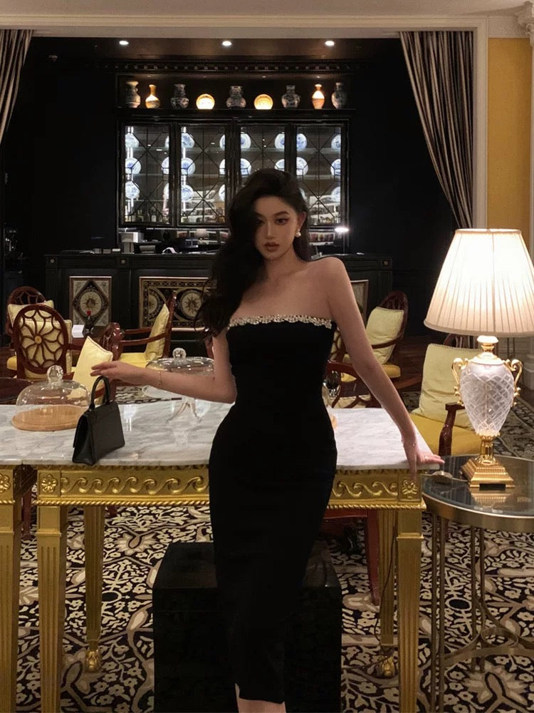 Elegant Sheath Strapless Black Prom Dresses Beads Birthday Outfits Evening Gown