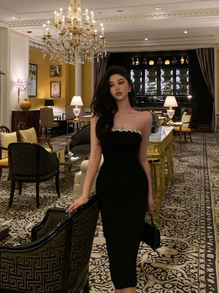 Elegant Sheath Strapless Black Prom Dresses Beads Birthday Outfits Evening Gown