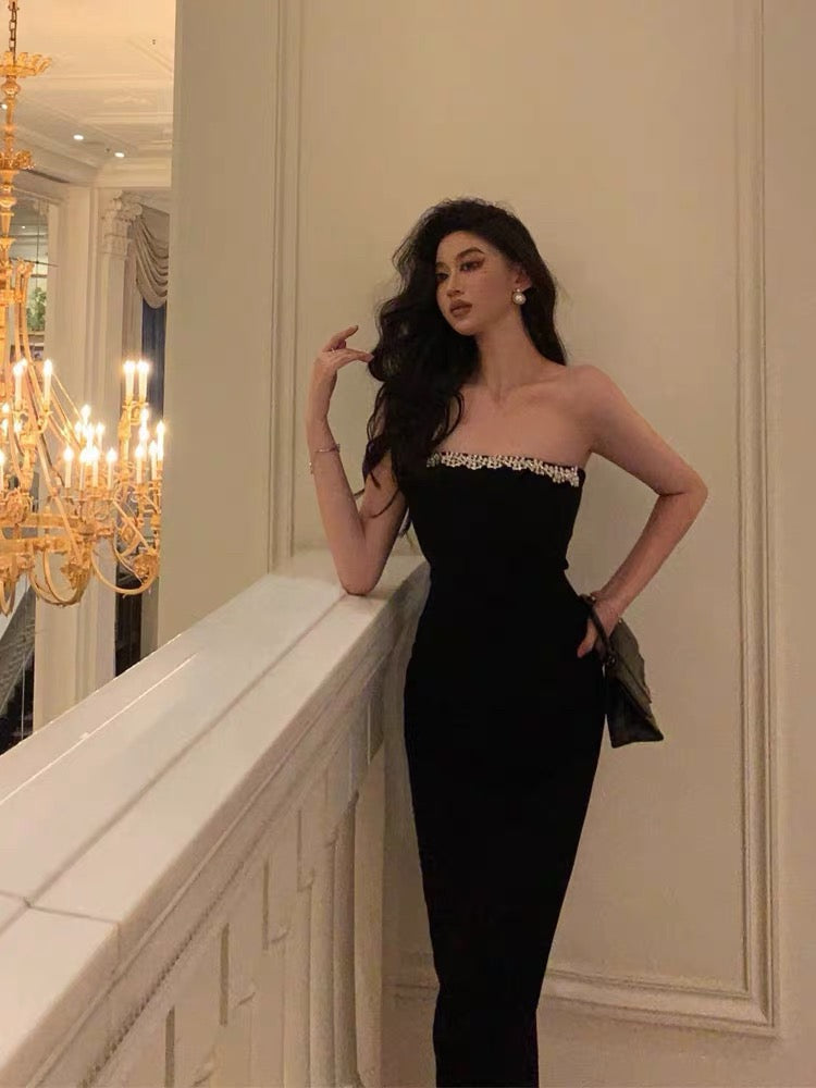 Elegant Sheath Strapless Black Prom Dresses Beads Birthday Outfits Evening Gown
