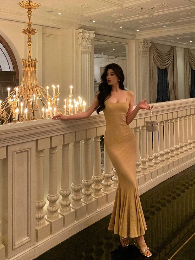 Elegant Mermaid Spaghetti Straps Yellow Long Prom Dresses Birthday Outfits Evening Gown
