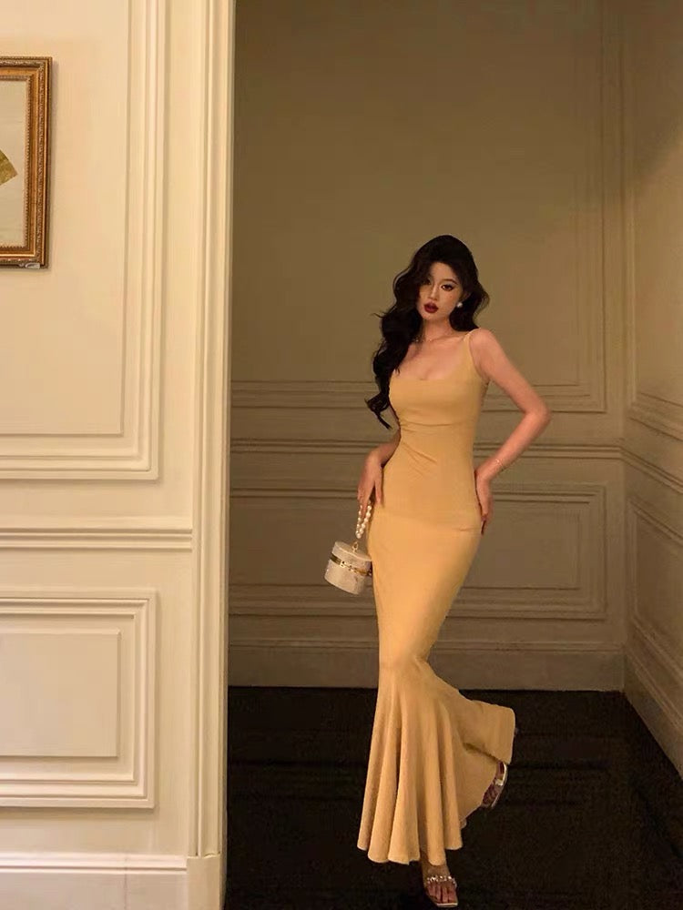Elegant Mermaid Spaghetti Straps Yellow Long Prom Dresses Birthday Outfits Evening Gown