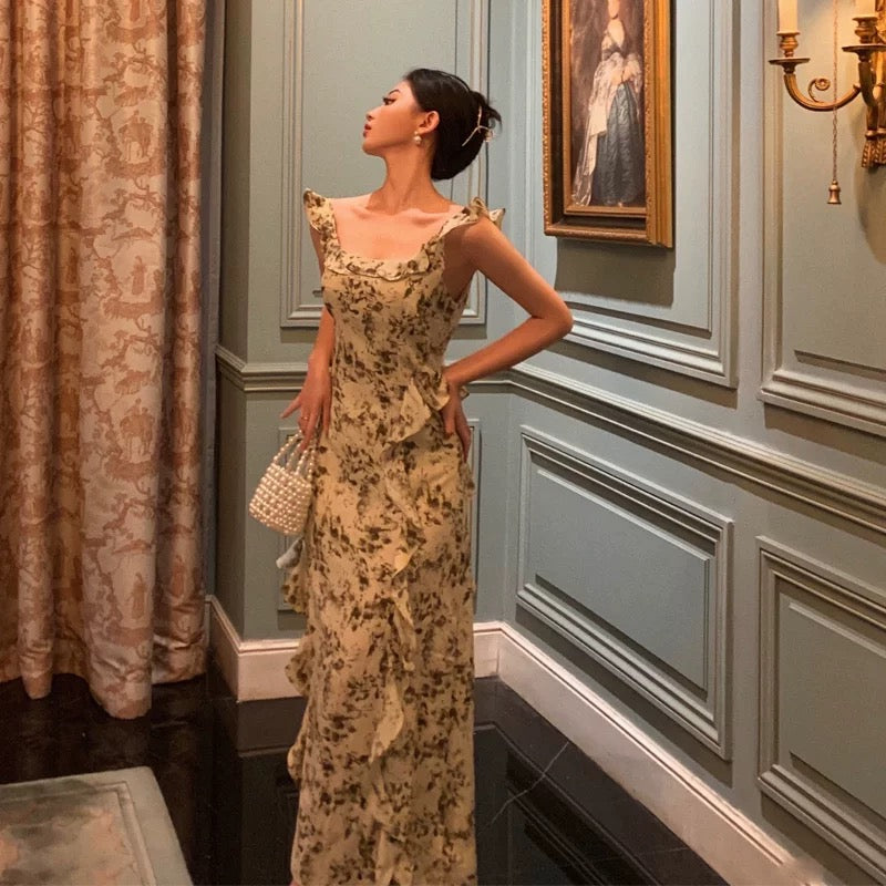 Elegant Sheath Square Neckline Floral Slit Prom Dresses Birthday Outfits Evening Gown