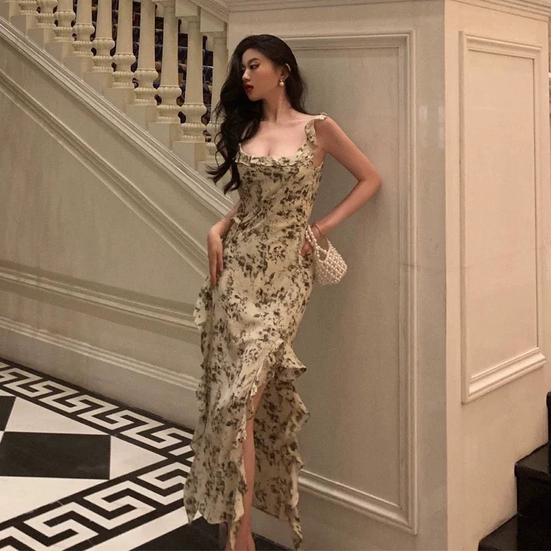 Elegant Sheath Square Neckline Floral Slit Prom Dresses Birthday Outfits Evening Gown