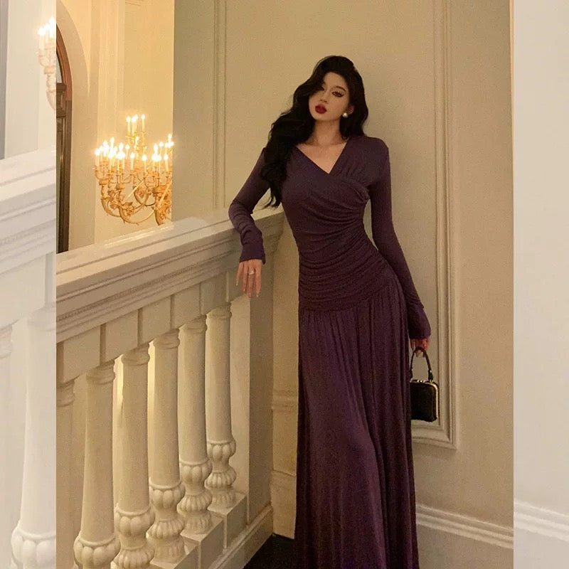 Elegant Sheath V Neckline Grape Long Prom Dresses Birthday Outfits Evening Gown