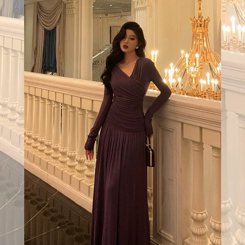 Elegant Sheath V Neckline Grape Long Prom Dresses Birthday Outfits Evening Gown